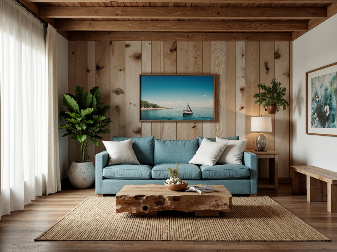 Prompt: Driftwood coffee table, woven sea grass rug, plush ocean-blue sofa, reclaimed wood accent wall, natural linen upholstery, distressed wooden bench, vintage nautical decor, potted palm trees, coastal-themed artwork, soft white drapery, billowy sheer curtains, warm beachy lighting, 1/1 composition, intimate atmosphere, rustic textures, subtle ocean breeze sound effect.