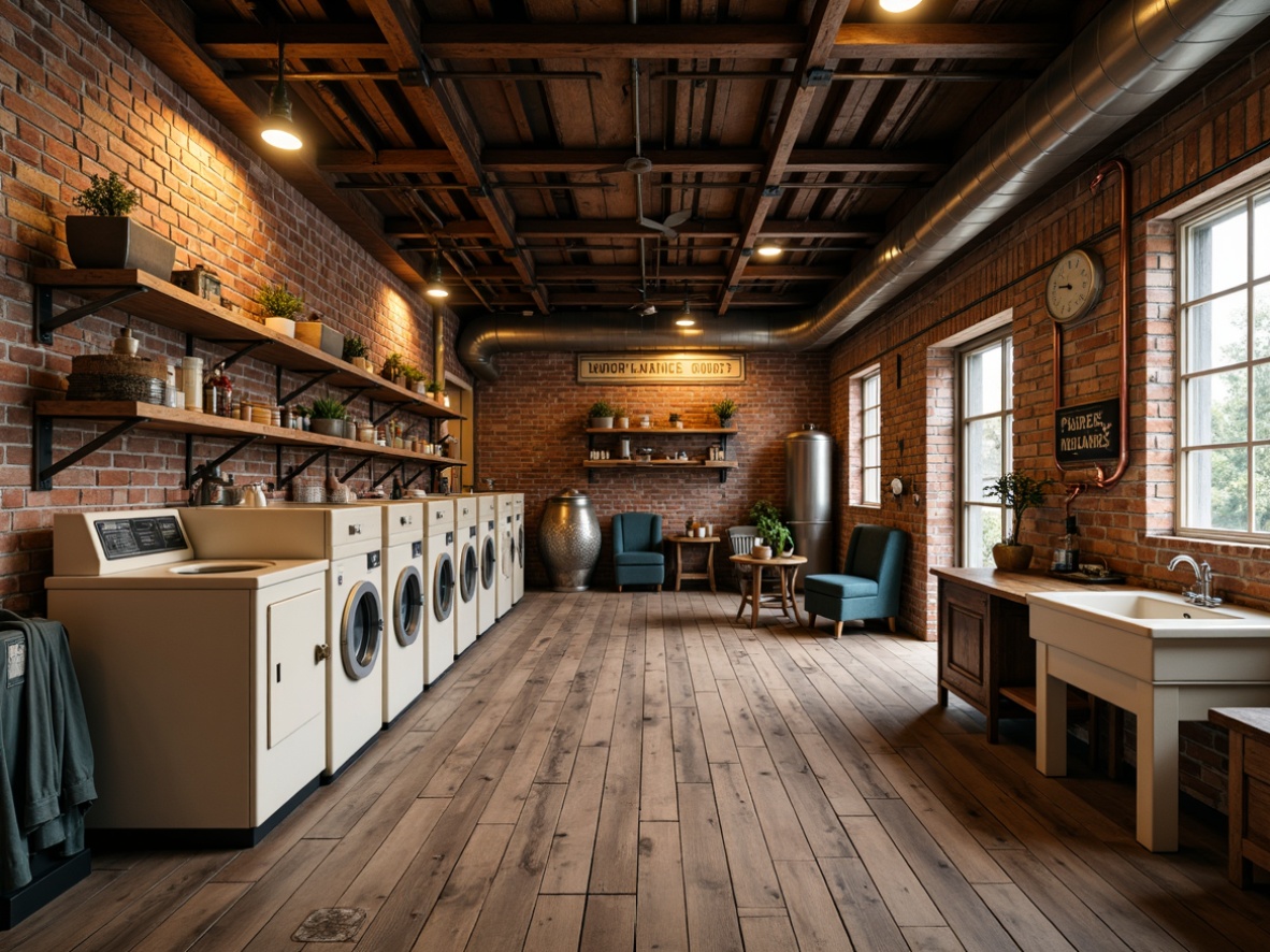 Prompt: Vintage laundry interior, distressed brick walls, wooden plank floors, rusty metal beams, exposed ductwork, antique washing machines, nostalgic signage, worn wooden shelves, creamy white cabinets, porcelain sinks, copper pipes, warm soft lighting, shallow depth of field, 1/1 composition, realistic textures, ambient occlusion, cozy atmosphere, natural fabrics, earthy color palette.