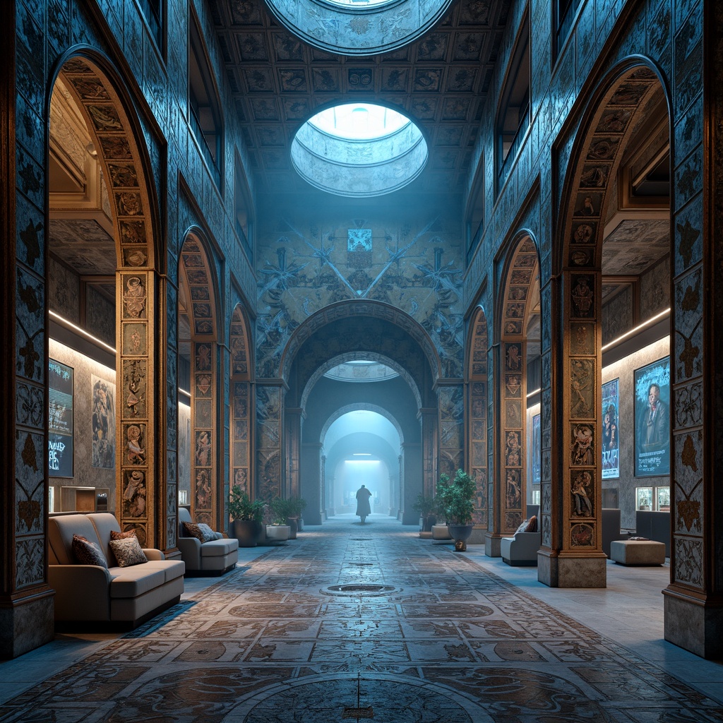 Prompt: Ancient monastery, futuristic twist, intricately patterned tiles, geometric mosaics, iridescent glazes, holographic effects, cyberpunk accents, neon-lit corridors, sacred symbols, mystical artifacts, atmospheric fog, soft pulsing lights, 3D-printed arches, metallic inlays, LED-infused stonework, virtual reality illusions, futuristic murals, digital calligraphy, abstract fractal designs, shimmering fabrics, levitating sculptures, holographic windows, ethereal ambiance, cinematic composition.