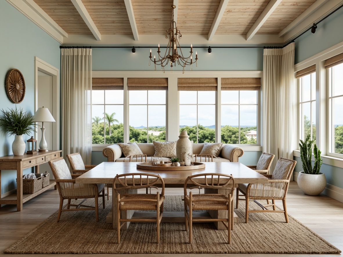 Prompt: Coastal style dining room, driftwood furniture, glass top tables, woven sea grass chairs, natural fiber rugs, jute textiles, linen upholstery, distressed wood accents, coral-inspired decorative accessories, ocean-blue walls, creamy white trim, weathered metal lanterns, nautical rope details, soft warm lighting, shallow depth of field, 1/1 composition, intimate atmosphere, realistic wood textures, ambient occlusion.