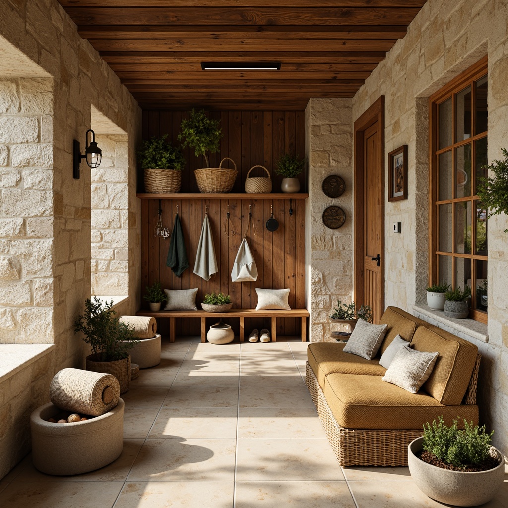 Prompt: Earth-toned mudroom, natural stone walls, reclaimed wood accents, warm beige floors, cozy seating areas, vintage outdoor gear displays, woven baskets, earthy terrariums, moss-covered planters, soft warm lighting, shallow depth of field, 3/4 composition, realistic textures, ambient occlusion.