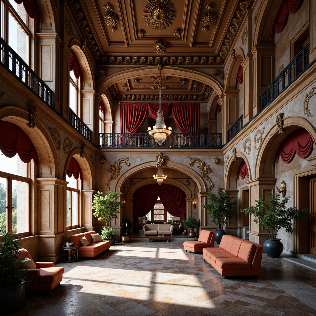 Prompt: Grand Renaissance mansion, ornate stone carvings, intricate wooden furnishings, luxurious velvet drapes, gilded ceiling moldings, crystal chandeliers, marble flooring, majestic staircases, ornamental balconies, rustic brick exteriors, symmetrical facade, Baroque-inspired decorations, subtle warm lighting, shallow depth of field, 2/3 composition, realistic textures, ambient occlusion.