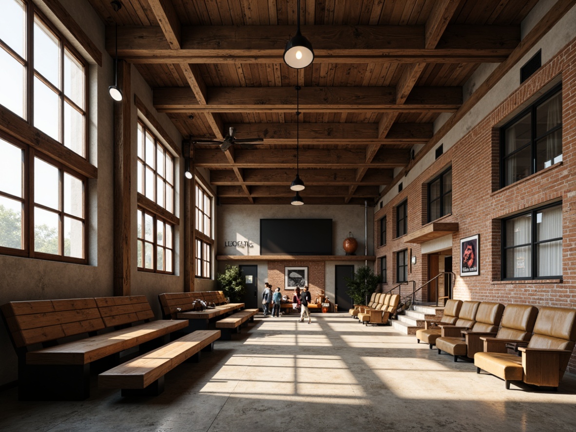 Prompt: Rustic wooden bleachers, distressed metal beams, vintage sports equipment, exposed brick walls, reclaimed wood accents, industrial-style lighting fixtures, minimalist steel chairs, weathered leather benches, nostalgic athletic decorations, aged concrete floors, earthy color palette, warm softbox lighting, shallow depth of field, 2/3 composition, dynamic camera angles, realistic textures, ambient occlusion.