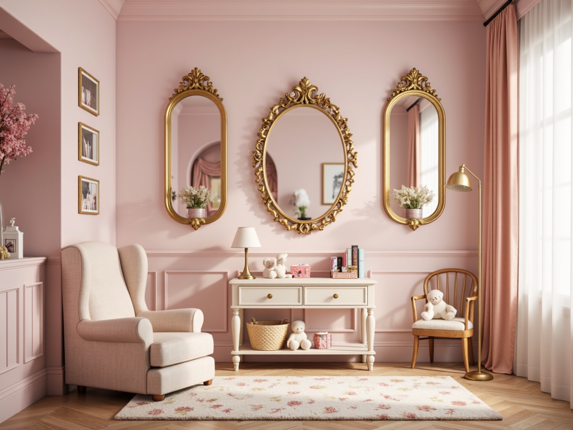 Prompt: Whimsical kids' room, soft pastel hues, pale pink walls, creamy white furniture, gold leaf accents, ornate mirrors, delicate florals, playful cherubs, Rococo-inspired patterns, velvety soft textures, gentle warm lighting, shallow depth of field, 1/1 composition, intimate atmosphere, dreamy ambiance.