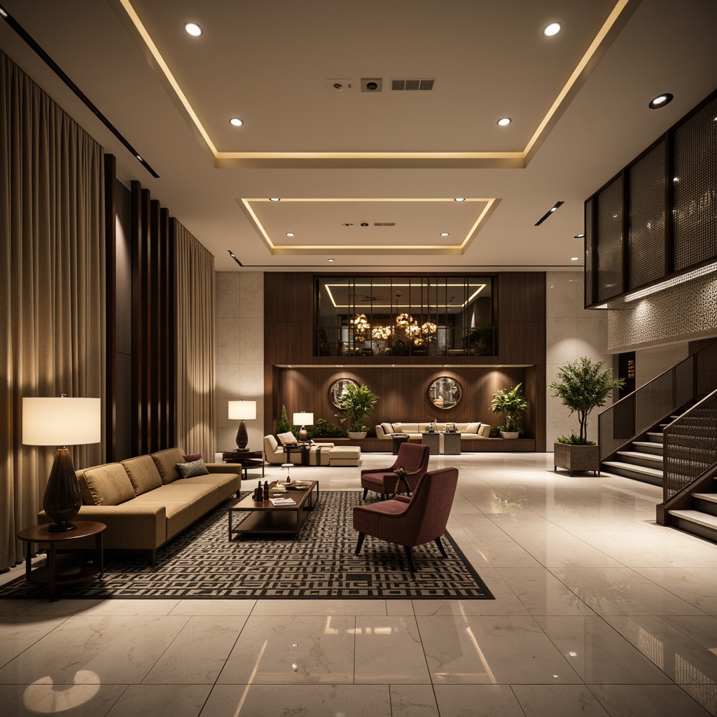 Prompt: Contemporary hotel lobby, sleek modern furniture, polished marble floors, minimalist decor, warm ambient lighting, pendant light fixtures, recessed ceiling lights, floor lamps with metallic shades, luxurious textiles, velvet sofas, geometric patterned rugs, metallic accents, natural stone walls, grand staircase, elegant chandeliers, soft warm glow, high contrast ratio, 1/2 composition, shallow depth of field, realistic reflections.