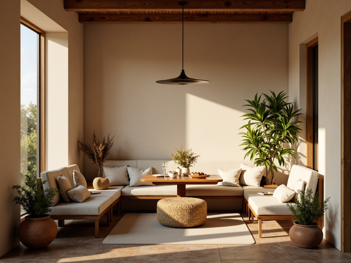 Prompt: Cozy breakfast nook, warm beige walls, rich wood accents, comfortable plush seating, soft cushions, natural stone flooring, elegant pendant lighting, modern minimalist decor, subtle texture contrast, woven wicker baskets, earthy terracotta planters, lush greenery, morning sunlight, gentle warm glow, shallow depth of field, 1/1 composition, realistic textures, ambient occlusion.