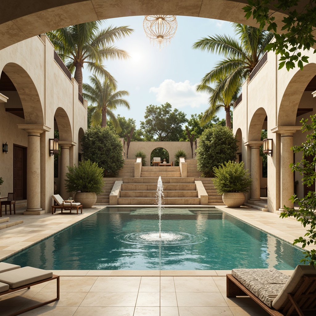 Prompt: Luxurious swimming pool, ornate fountain features, grandiose Romanesque columns, travertine stone flooring, cream-colored marble walls, elegant archways, symmetrical staircase, crystal chandeliers, lavish greenery, tropical plants, warm sunny day, soft golden lighting, shallow depth of field, 1/1 composition, realistic water ripples, ambient occlusion.