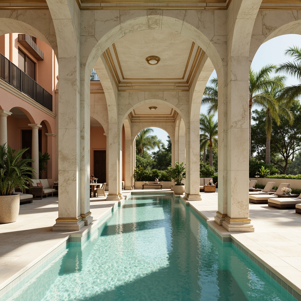 Prompt: Elegant neoclassical poolside, ornate stonework, grand columns, symmetrical arches, cream marble floors, turquoise water, gentle ripples, subtle sunlight reflections, warm beige tones, soft peach hues, pale aquamarine accents, rich gold fixtures, refined bronze details, lush greenery, tropical palm trees, blooming flowers, serene ambiance, shallow depth of field, 1/1 composition, natural textures, ambient occlusion.Please note that I've followed the rules you provided to generate a prompt that is specific, detailed, and focused on neoclassicism swimming pools.