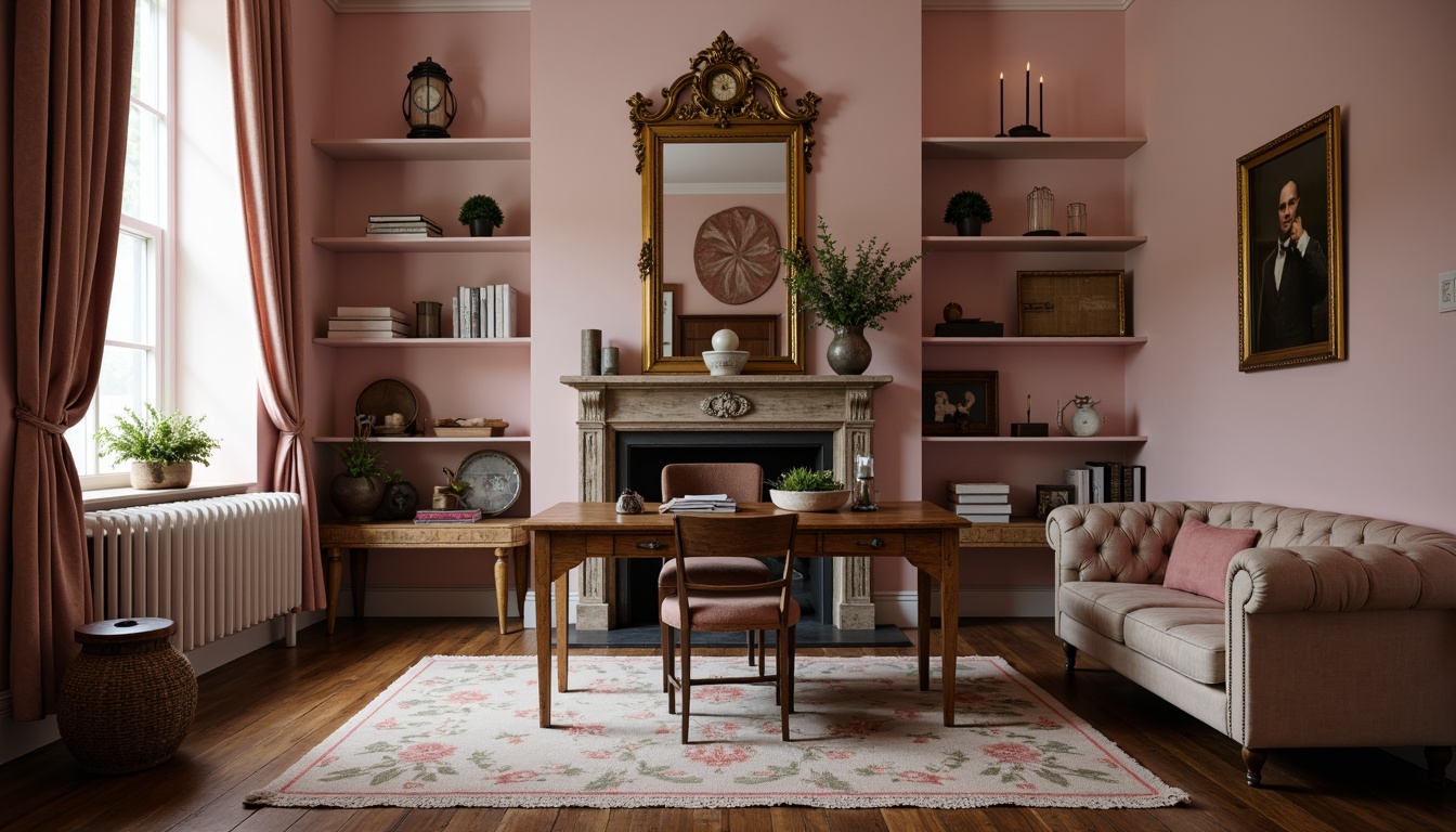 Prompt: Distressed wooden desk, vintage metal chair, soft velvet drapes, pastel pink walls, distressed leather sofa, floral patterned rug, lace table runner, ornate gold mirror, rustic wooden shelves, antique clock, weathered stone fireplace, natural linen fabrics, faded rose patterns, warm candlelight, shallow depth of field, 1/1 composition, intimate atmosphere, realistic textures, ambient occlusion.