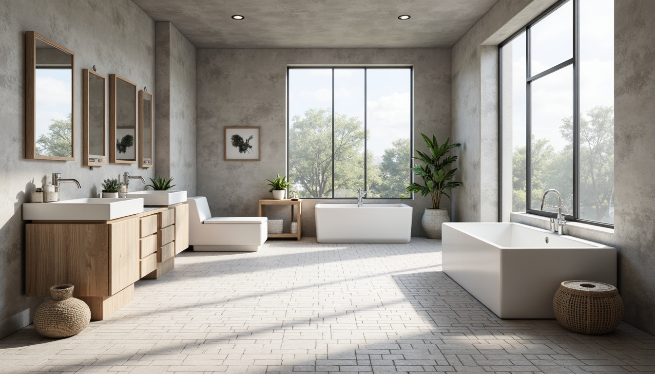 Prompt: Simple white bathtubs, geometric floor tiles, industrial metal fixtures, minimal decorative elements, clean lines, monochromatic color scheme, natural light, large windows, concrete walls, functional storage cabinets, wall-mounted sinks, chrome faucets, rectangular mirrors, subtle texture contrasts, soft ambient lighting, 1/1 composition, shallow depth of field, realistic reflections.