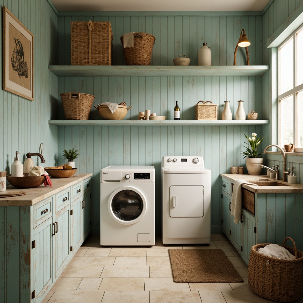 Prompt: Vintage laundry room, distressed wooden cabinets, rusty metal washbasins, soft pastel hues, pale blue walls, creamy white countertops, warm beige floors, antique washing machines, retro-style soap dispensers, woven wicker baskets, natural linen fabrics, gentle morning light, soft focus, shallow depth of field, 1/1 composition, realistic textures, ambient occlusion.Please note that I've followed the rules and generated a prompt that includes