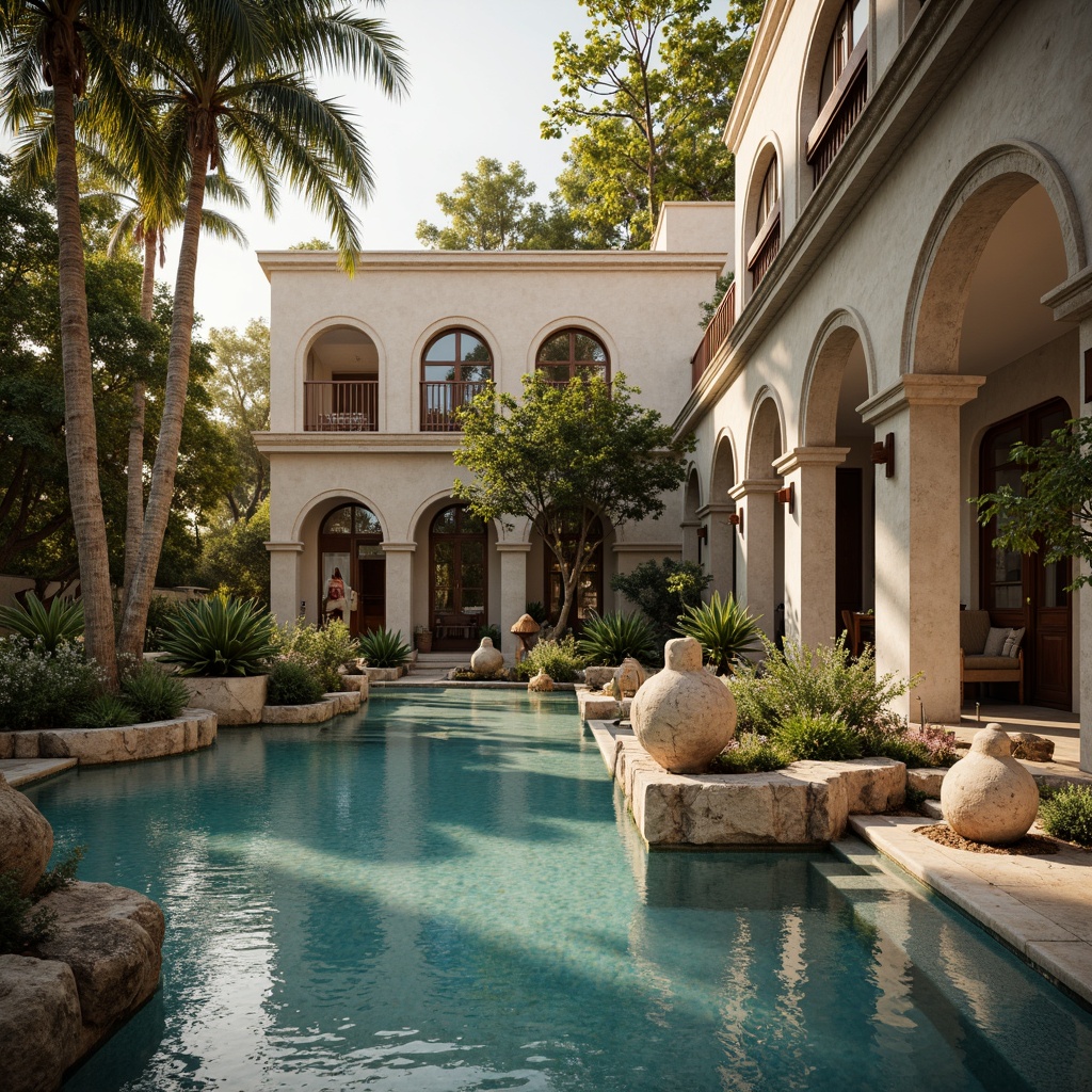 Prompt: Elegant neoclassical pool, ornate stone carvings, symmetrical arches, soft warm lighting, subtle shadows, golden hour ambiance, crystal clear water, gentle ripples, serene atmosphere, lush greenery surroundings, natural rock formations, rustic wooden accents, intricate tile work, creamy marble statues, subtle misting systems, shallow depth of field, 1/1 composition, warm color palette, realistic reflections, ambient occlusion.