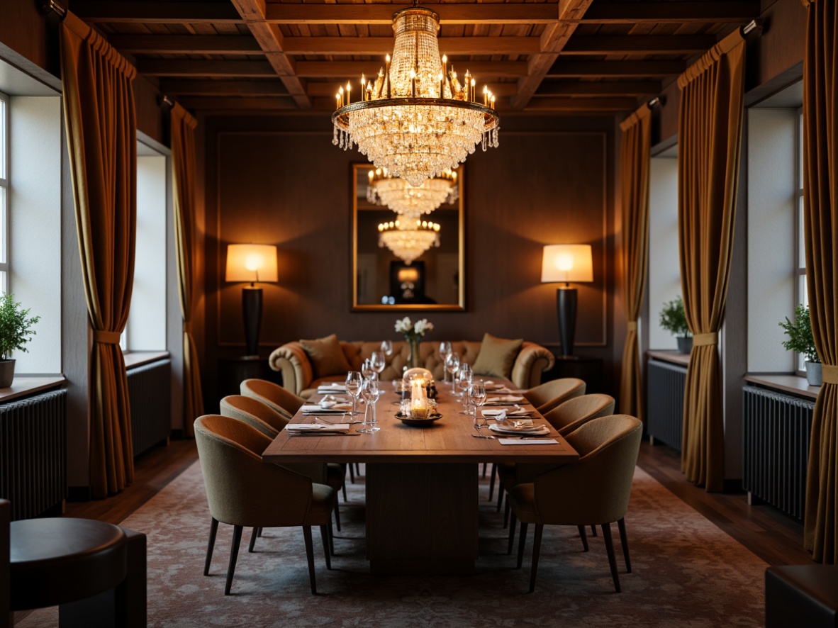 Prompt: Elegant dining room, crystal chandelier, warm candlelight, soft pendant lights, rustic wooden ceiling, luxurious velvet drapes, refined glass table, comfortable cushioned chairs, subtle floor lamps, cozy ambient lighting, 1/1 composition, shallow depth of field, warm color temperature, realistic textures, ambient occlusion.