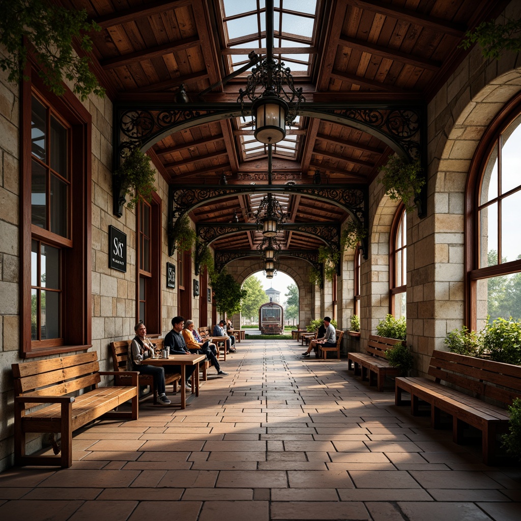 Prompt: Vintage train station, ornate wooden benches, rusty metal lanterns, nostalgic signage, distressed stone walls, classic clock towers, intricate ironwork, warm ambient lighting, rich wood tones, heritage-inspired typography, elegant curved lines, symmetrical composition, shallow depth of field, realistic textures, ambient occlusion.