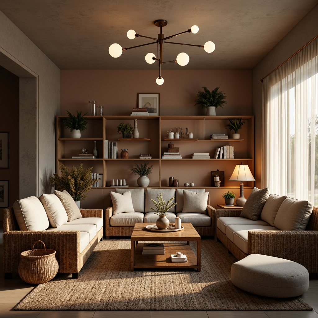 Prompt: Cozy living room, plush sofas, velvet armchairs, wooden coffee tables, metal floor lamps, soft cushions, woven baskets, natural fiber rugs, earthy tone walls, minimalist decor, functional shelves, stylish side tables, comfortable ottomans, elegant chandeliers, warm ambient lighting, 1/2 composition, realistic textures, shallow depth of field.