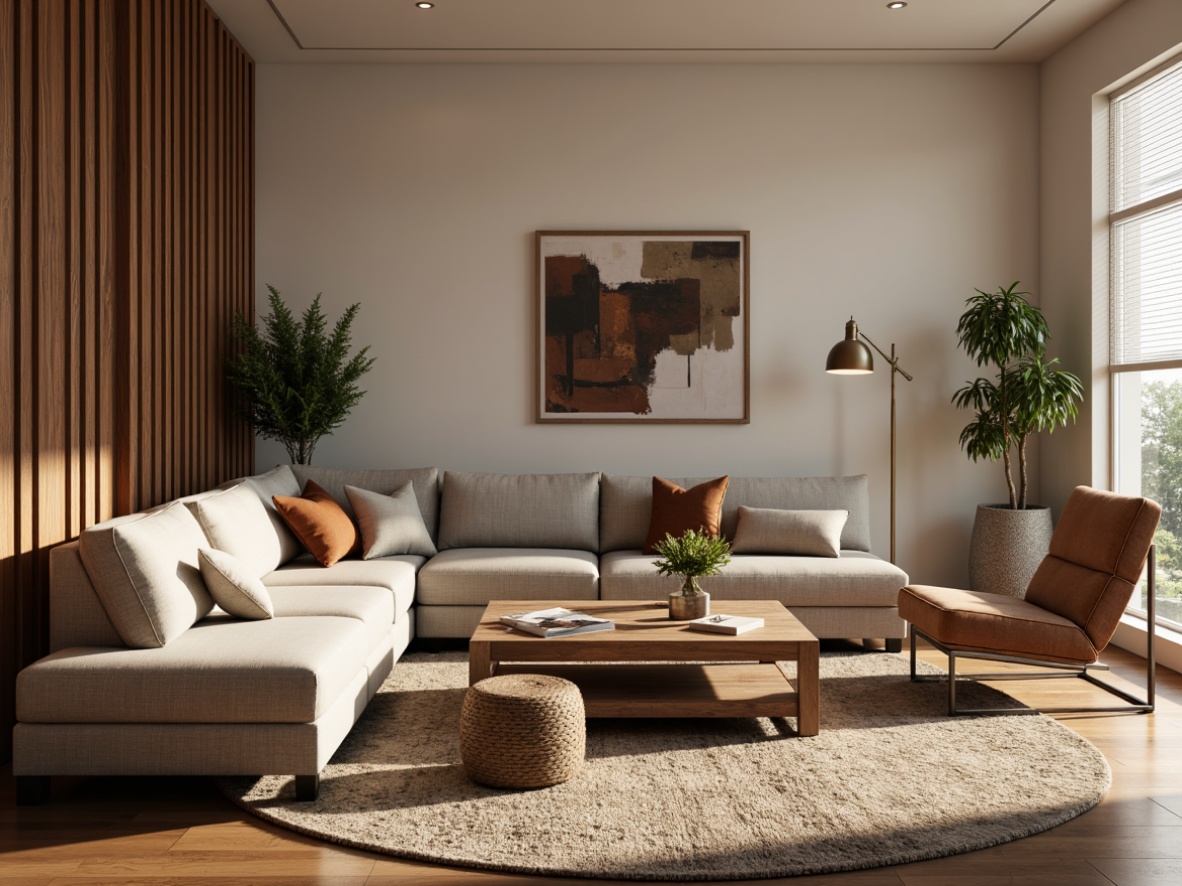 Prompt: Cozy living room, plush sectional sofa, reclaimed wood coffee table, velvet accent chairs, soft warm lighting, natural fiber rugs, minimalist decor, sleek metal legs, comfortable cushions, ergonomic design, Scandinavian-inspired style, earthy tone color palette, organic textures, ambient shadows, 1/2 composition, realistic reflections.