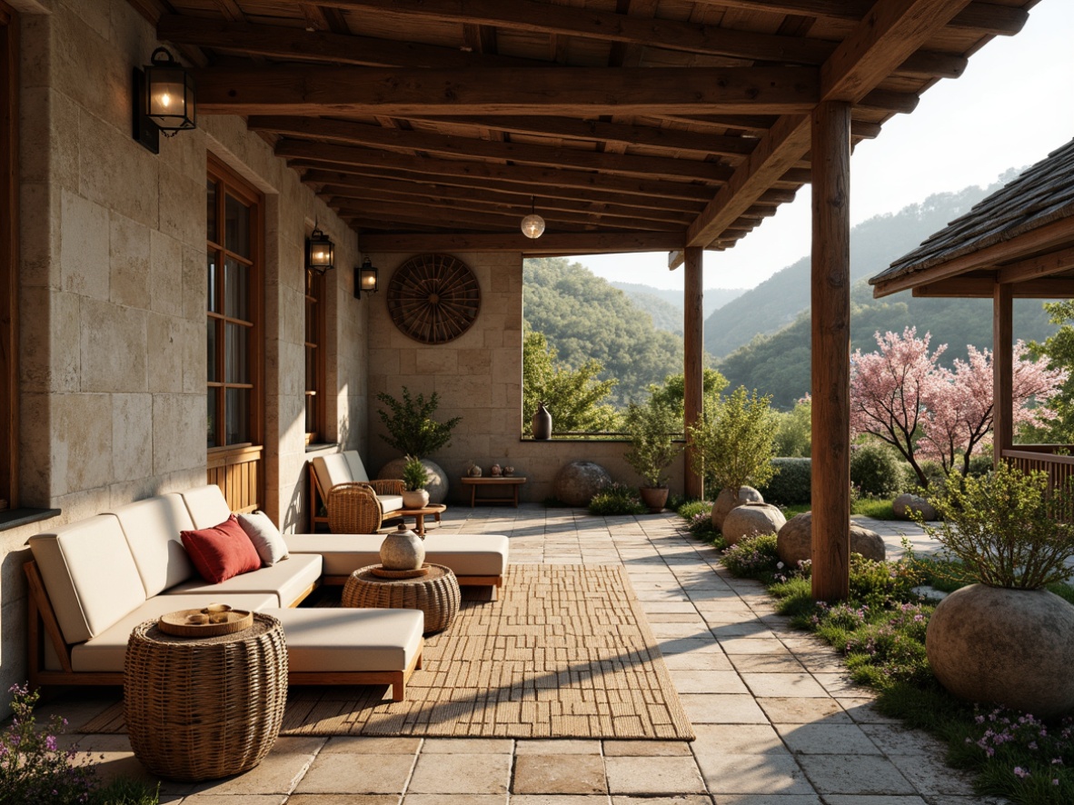 Prompt: Rustic farmhouse, Asian-inspired accents, textured walls, natural stone foundations, wooden beams, pitched roofs, earthy color palette, vintage farm tools, woven bamboo furniture, lantern-style lighting, lush greenery, blooming cherry blossoms, serene rural landscape, warm sunny day, soft diffused lighting, 1/2 composition, realistic wood textures, ambient occlusion.