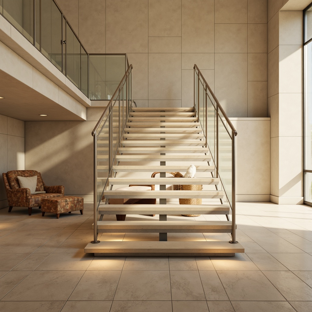 Prompt: Sleek modern staircase, minimalist balustrades, stainless steel handrails, glass panels, wooden or metal treads, floating steps, cantilevered design, ambient lighting, warm beige tones, soft cream colors, polished chrome accents, geometric patterns, 3D visual effects, shallow depth of field, 2/3 composition, realistic textures, subtle reflections.