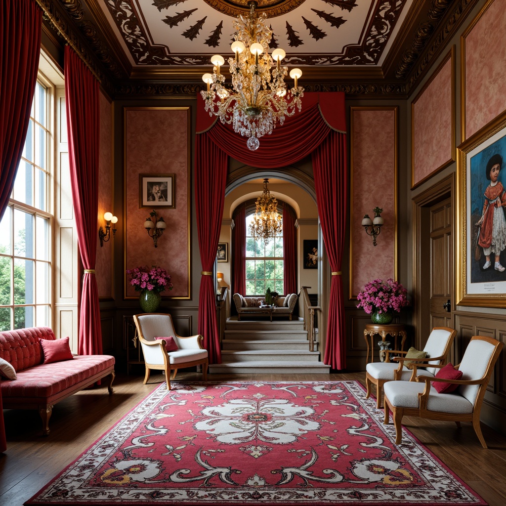 Prompt: Luxurious velvet drapes, intricately patterned rugs, ornate golden frames, crystal chandeliers, carved wooden furniture, plush cushions, soft warm lighting, richly textured wallpaper, antique vases, decorative molding, lavish ceiling designs, grand staircase, opulent fabrics, bold color schemes, eclectic art pieces, whimsical sculptures, dramatic archways, cozy reading nooks, inviting window seats.