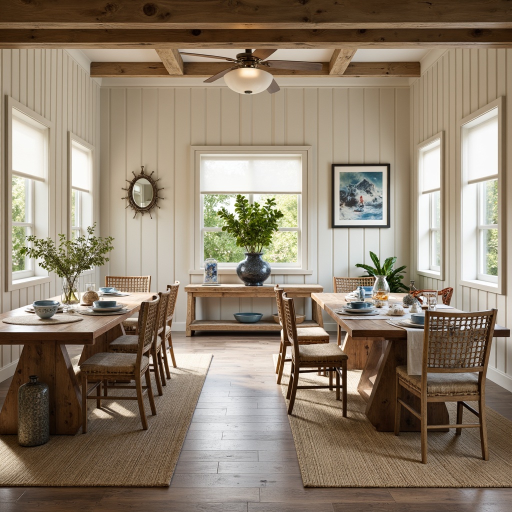 Prompt: Coastal style dining room, rustic wooden tables, driftwood accents, linen upholstery, natural fiber rugs, woven sea grass chairs, ocean-inspired ceramics, shell decorations, nautical-themed artwork, distressed wood finishes, weathered metal lanterns, soft creamy lighting, warm beige walls, calming blue hues, textured glass vases, potted succulents, beachy vibe, 1/1 composition, shallow depth of field, natural ambiance, organic textures.