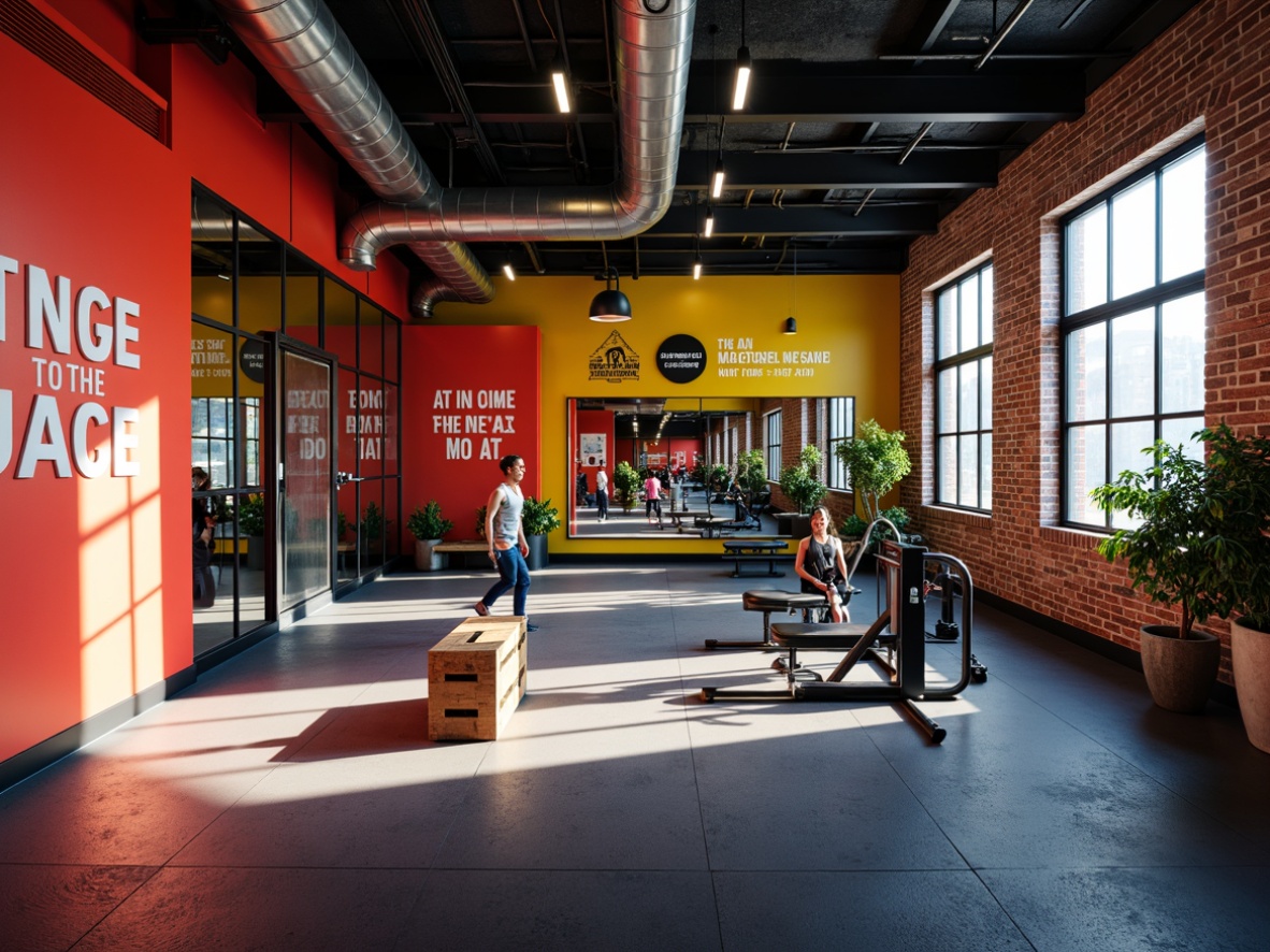 Prompt: Vibrant home gym, energetic color scheme, bold accent walls, motivational quotes, modern exercise equipment, rubber flooring, mirrored walls, industrial metal beams, exposed ductwork, urban loft ambiance, natural light pouring in, high-contrast lighting, dramatic shadows, 3/4 composition, shallow depth of field, realistic textures.