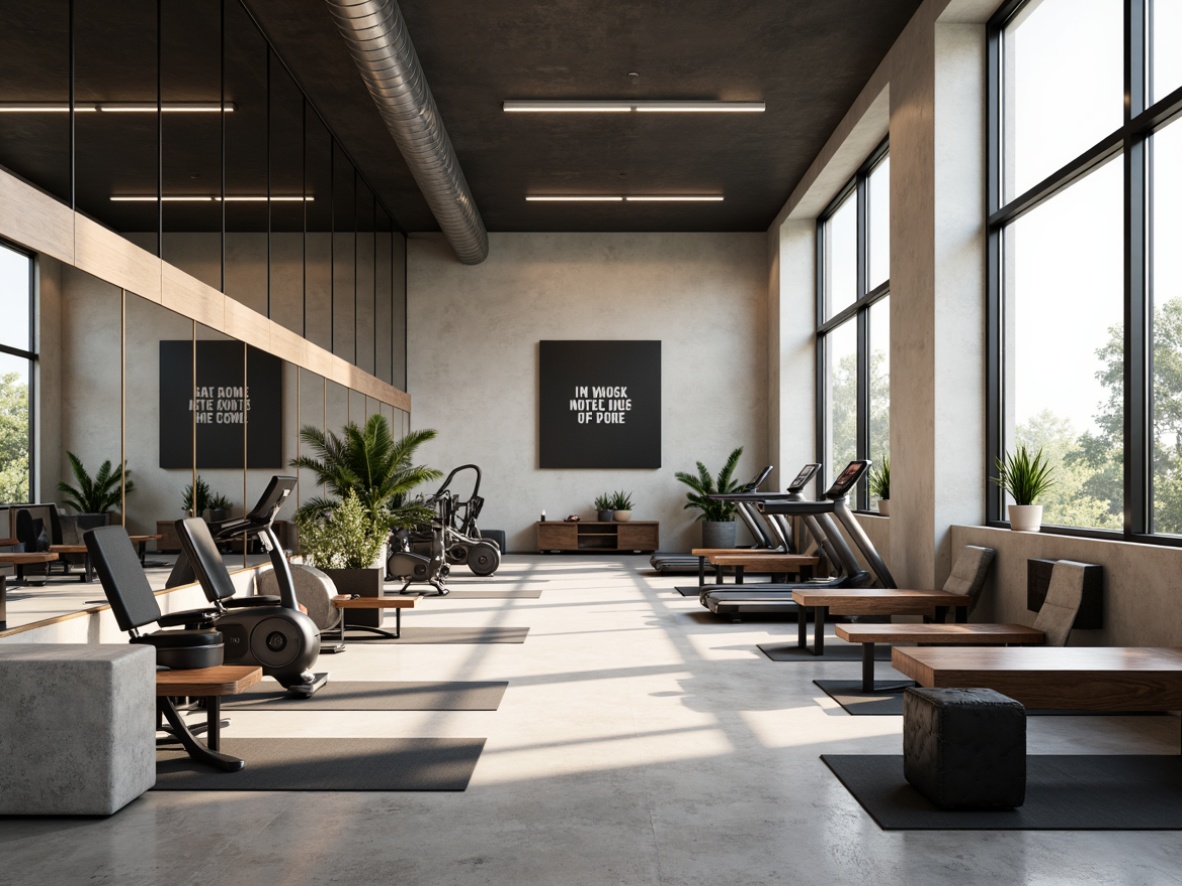 Prompt: Minimalist home gym, neutral color palette, mirrored walls, polished concrete floors, industrial-style lighting, modern exercise equipment, free weights, treadmills, stationary bikes, yoga mats, soundproofing materials, acoustic panels, natural ventilation systems, large windows, abundant natural light, urban loft-inspired design, functional layout, open-plan space, high ceilings, metallic accents, motivational quotes, fitness-inspired artwork, calm ambiance, soft warm lighting, shallow depth of field, 3/4 composition, panoramic view.