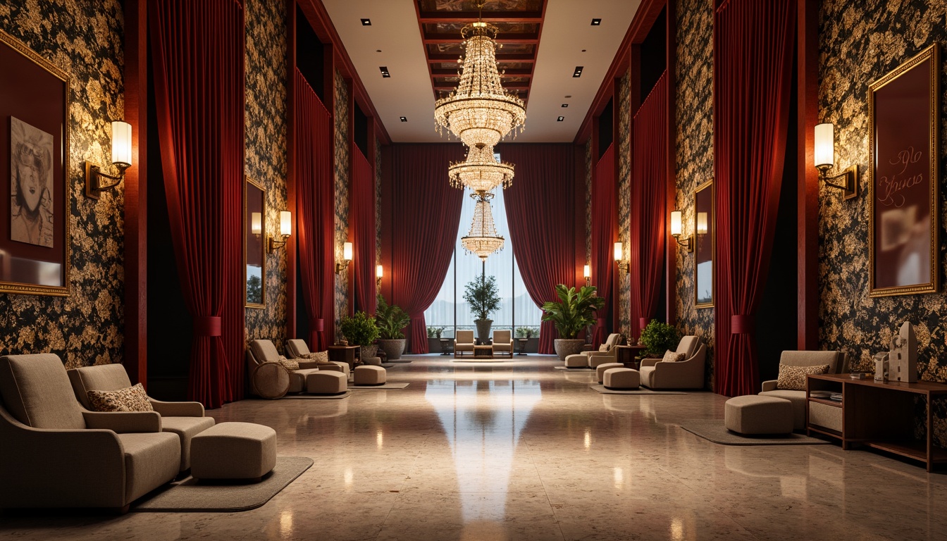 Prompt: Luxurious interior space, richly textured walls, embossed patterns, metallic accents, velvet fabrics, smooth marble floors, glossy wooden surfaces, ornate mirrors, grand crystal chandeliers, dramatic ambient lighting, 1/1 composition, shallow depth of field, realistic reflections, soft warm glow.