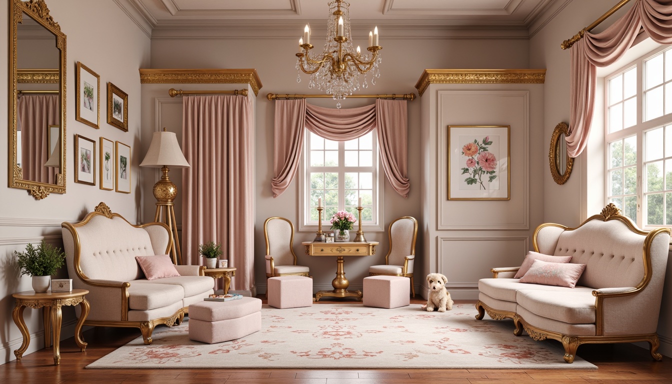 Prompt: Whimsical kids' room, Rococo style furniture, ornate golden frames, plush velvet fabrics, soft pastel colors, delicate lace patterns, intricate floral motifs, luxurious silk textiles, tufted upholstery, carved wooden accents, crystal chandeliers, warm ambient lighting, shallow depth of field, 1/1 composition, realistic textures, subtle animations.