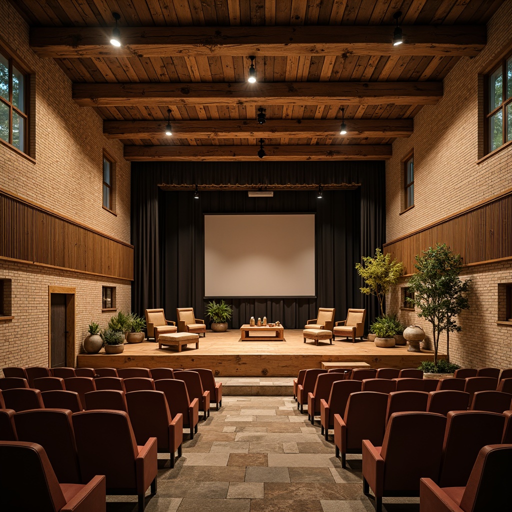 Prompt: Earthy performing arts center, wooden stage, exposed brick walls, vintage theater seats, rustic metal lighting fixtures, distressed wood accents, warm beige tones, earthy brown hues, moss greenery, natural stone flooring, reclaimed wood beams, cozy intimate atmosphere, soft warm lighting, 1/2 composition, realistic textures, ambient occlusion.