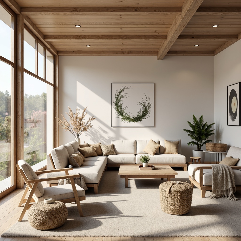 Prompt: Minimalist living room, light wood tones, sleek lines, comfortable sofas, plush throw blankets, natural textiles, woven baskets, Nordic-inspired patterns, rustic wooden accents, cozy reading nooks, floor-to-ceiling windows, soft warm lighting, 1/1 composition, shallow depth of field, realistic wood grain textures, ambient occlusion, Scandinavian-style wooden chairs, simple coffee tables, elegant vases, nature-inspired artwork.