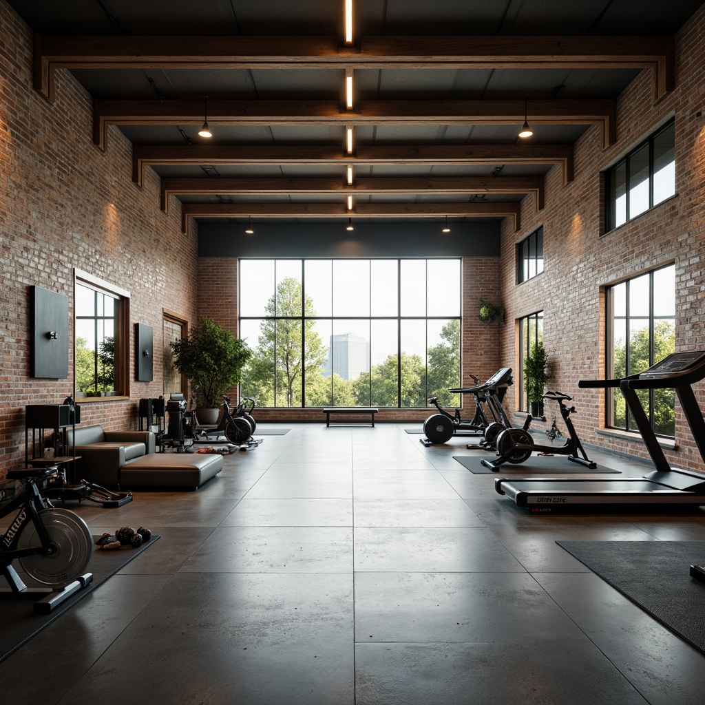 Prompt: Minimalist home gym, industrial chic decor, exposed brick walls, polished concrete floors, large windows, natural light, mirrored surfaces, modern fitness equipment, free weights, treadmills, exercise bikes, resistance bands, yoga mats, calm ambiance, soft warm lighting, shallow depth of field, 3/4 composition, panoramic view, realistic textures, ambient occlusion.