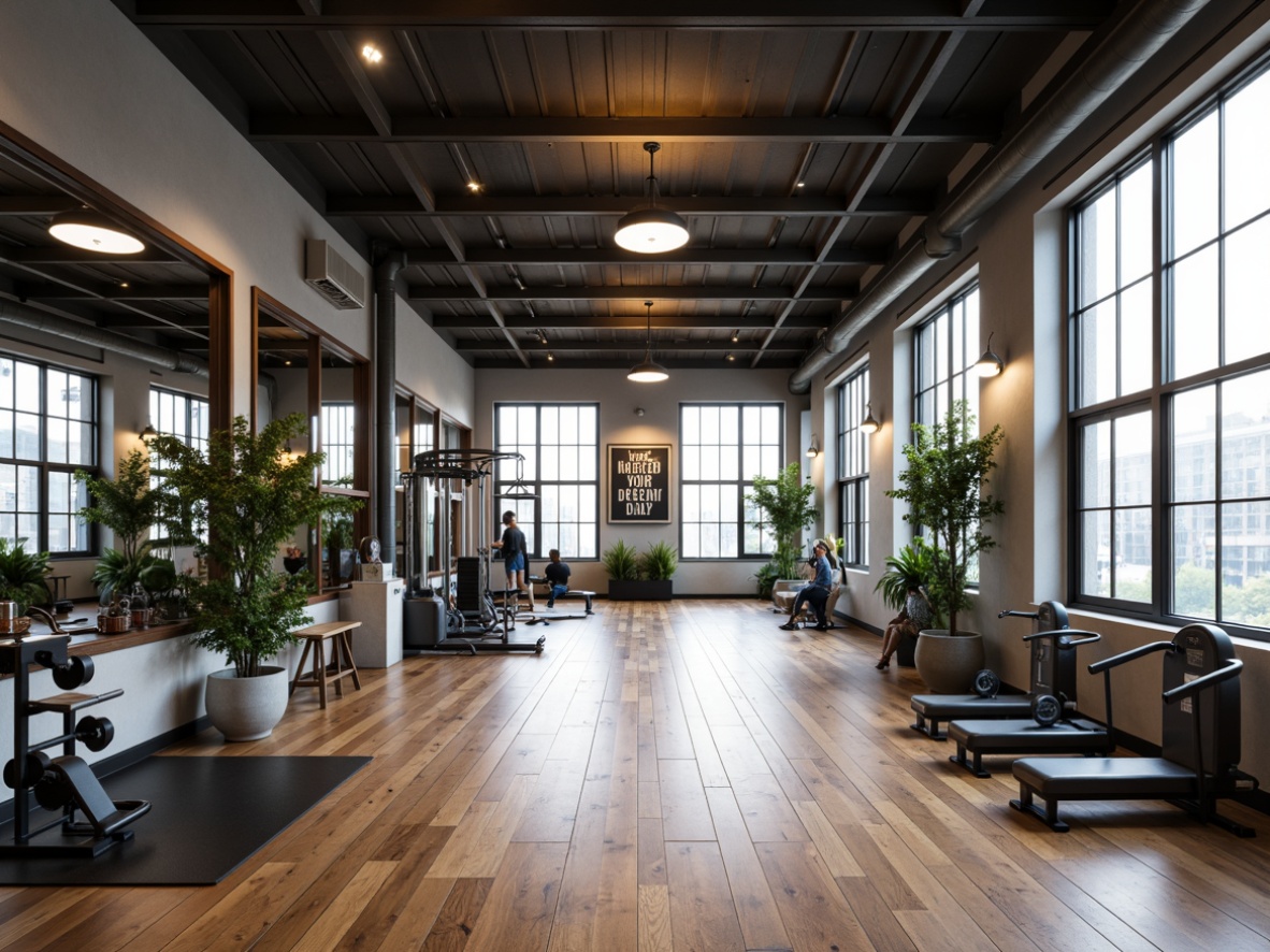 Prompt: Minimalist home gym, open-plan layout, mirrored walls, polished wooden floors, natural light pouring in, floor-to-ceiling windows, modern industrial decor, sleek metal equipment, free weights, exercise machines, motivational quotes, greenery accents, urban loft vibe, high ceilings, industrial-style lighting, 1/1 composition, softbox lighting, realistic textures, ambient occlusion.