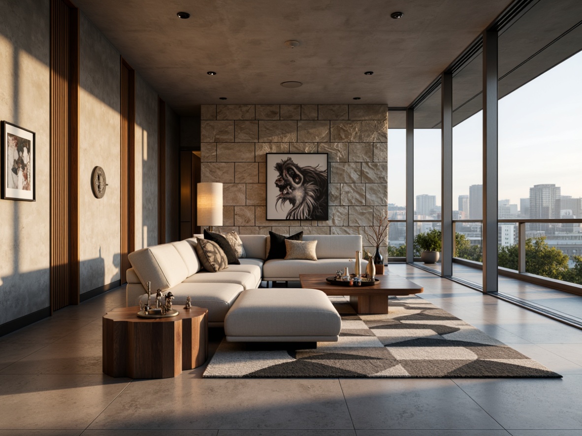 Prompt: Modern living room, sleek low-profile sofa, minimalist coffee table, geometric patterned rug, industrial metal floor lamps, contemporary artwork, abstract sculptures, natural stone feature wall, floor-to-ceiling windows, sliding glass doors, urban cityscape view, soft warm lighting, shallow depth of field, 3/4 composition, realistic textures, ambient occlusion.