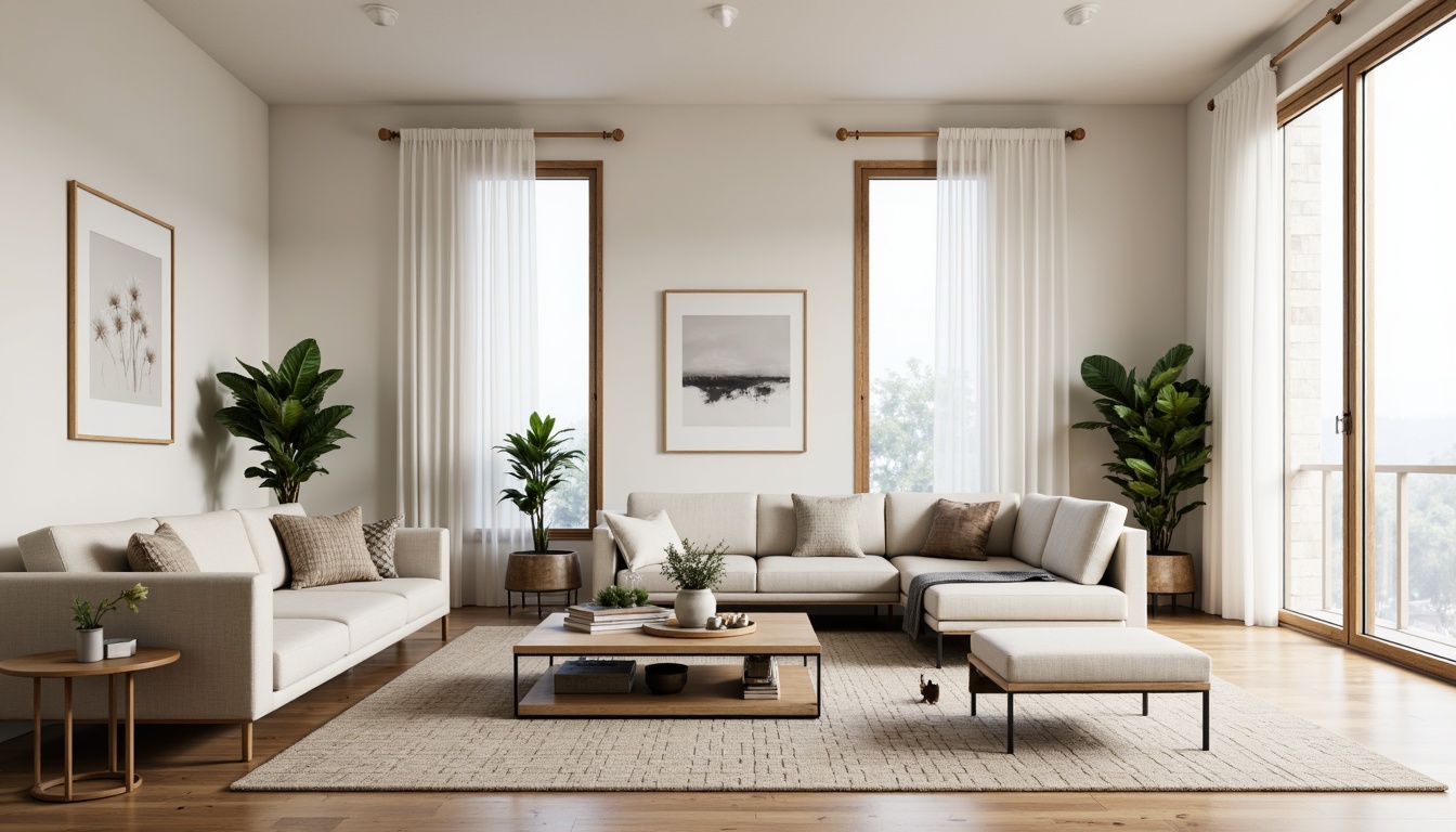 Prompt: Minimalist living room, light-filled space, neutral color palette, natural wood accents, comfortable sectional sofas, woven textiles, industrial-chic coffee tables, potted plants, floor-to-ceiling windows, sheer white curtains, soft diffused lighting, cozy throw blankets, Nordic-inspired decorative accents, simple geometric patterns, functional storage units, airy atmosphere, 1/1 composition, warm and inviting ambiance, realistic wood textures, subtle ambient occlusion.