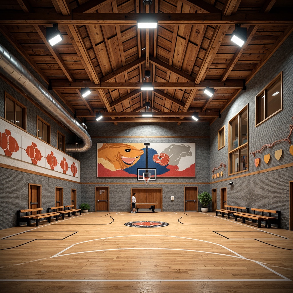 Prompt: Rustic gymnasium interior, wooden flooring, sports-themed decorations, basketball hoops, athletic equipment, bleacher seating, natural stone walls, exposed ductwork, industrial-style lighting, metallic accents, vibrant color schemes, dynamic spatial layout, shallow depth of field, 1/1 composition, realistic textures, ambient occlusion.