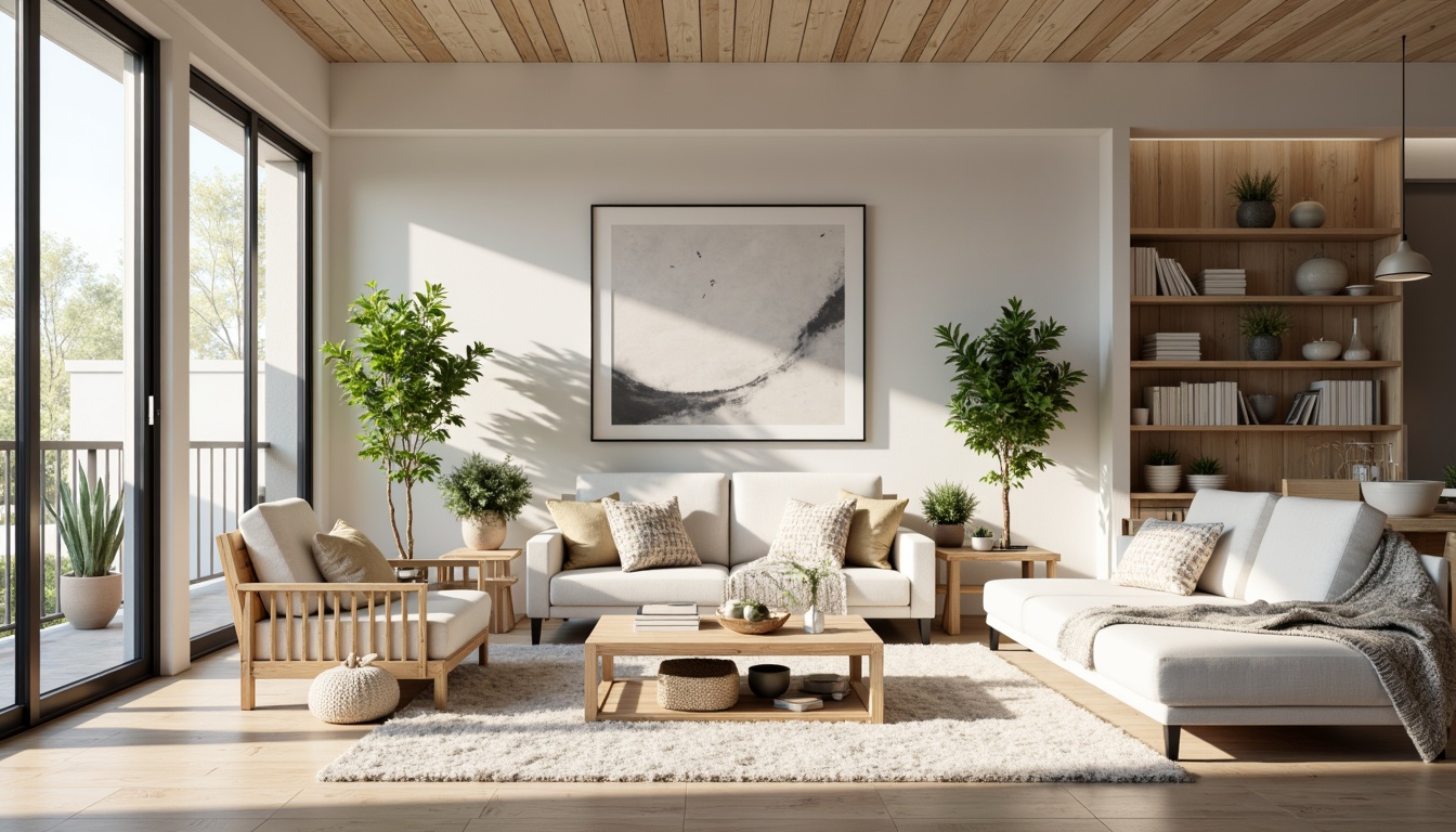 Prompt: Light-filled Scandinavian living room, minimalist decor, natural wood accents, soft gray tones, creamy whites, lush greenery, potted plants, floor-to-ceiling windows, sliding glass doors, cozy reading nooks, plush area rugs, modern furniture pieces, clean lines, functional layout, airy atmosphere, warm ambient lighting, 1/1 composition, shallow depth of field, realistic textures, subtle color palette.