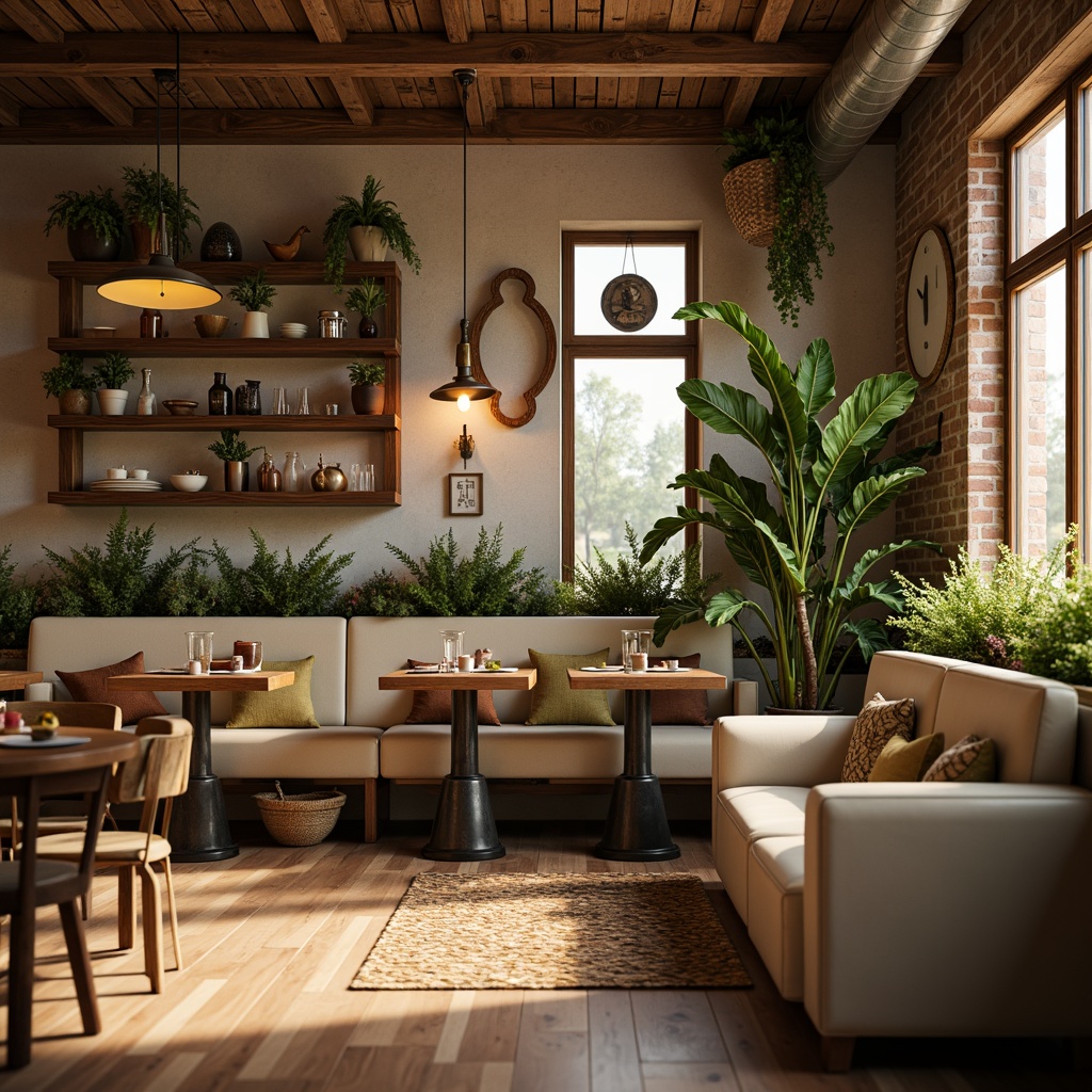 Prompt: Cozy coffee shop, warm earthy tones, rich brown walls, creamy whites, soft beige furniture, natural wood accents, vibrant greenery, lush plants, industrial metal decorations, exposed brick textures, rustic wooden tables, comfortable cushioned chairs, aromatic coffee scents, warm golden lighting, shallow depth of field, 3/4 composition, realistic renderings.