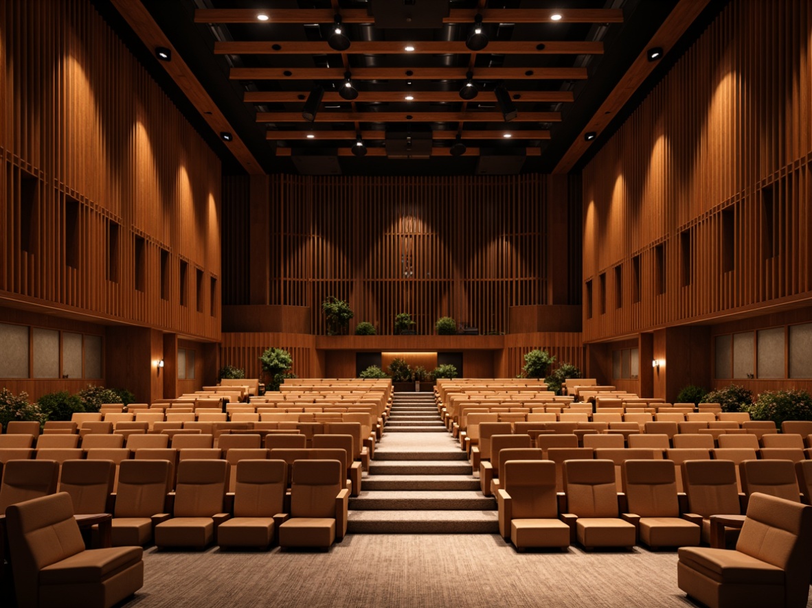 Prompt: Elegant auditorium interior, wooden paneling, sound-absorbing acoustic panels, optimal reverberation time, premium leather seating, curved rows, elevated stage, professional audio equipment, suspended ceiling speakers, ambient lighting, rich wood tones, plush carpets, intimate setting, warm ambiance, soft diffusion, 1/1 composition, natural textures, subtle color palette, realistic reflections.