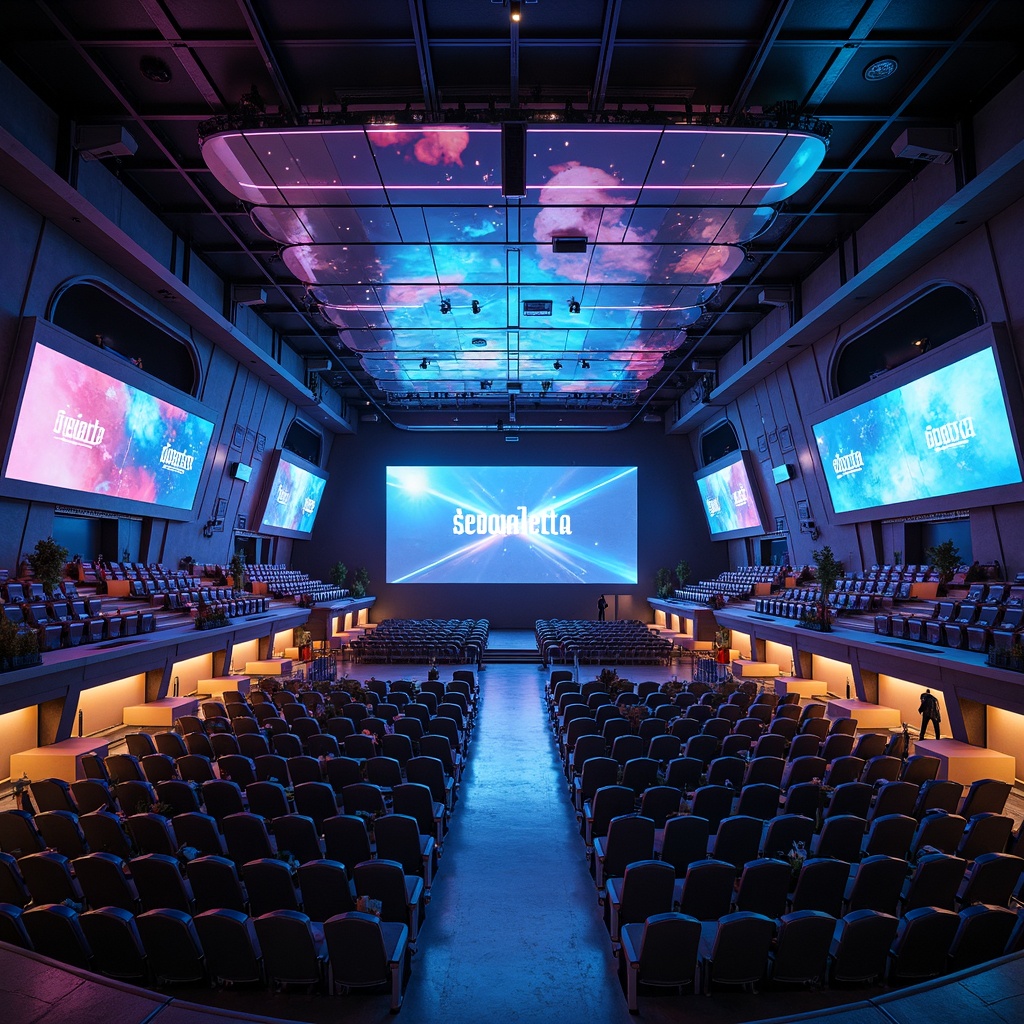 Prompt: Futuristic auditorium interior, avant-garde seating design, sleek metallic frames, ergonomic chairs, vibrant LED lighting, holographic projections, immersive sound systems, curved rows, asymmetrical layouts, elevated platforms, dynamic floor plans, minimalist aesthetics, high-tech materials, glowing accents, neon-lit walkways, futuristic ambiance, 3/4 composition, shallow depth of field, panoramic view, realistic textures, ambient occlusion.