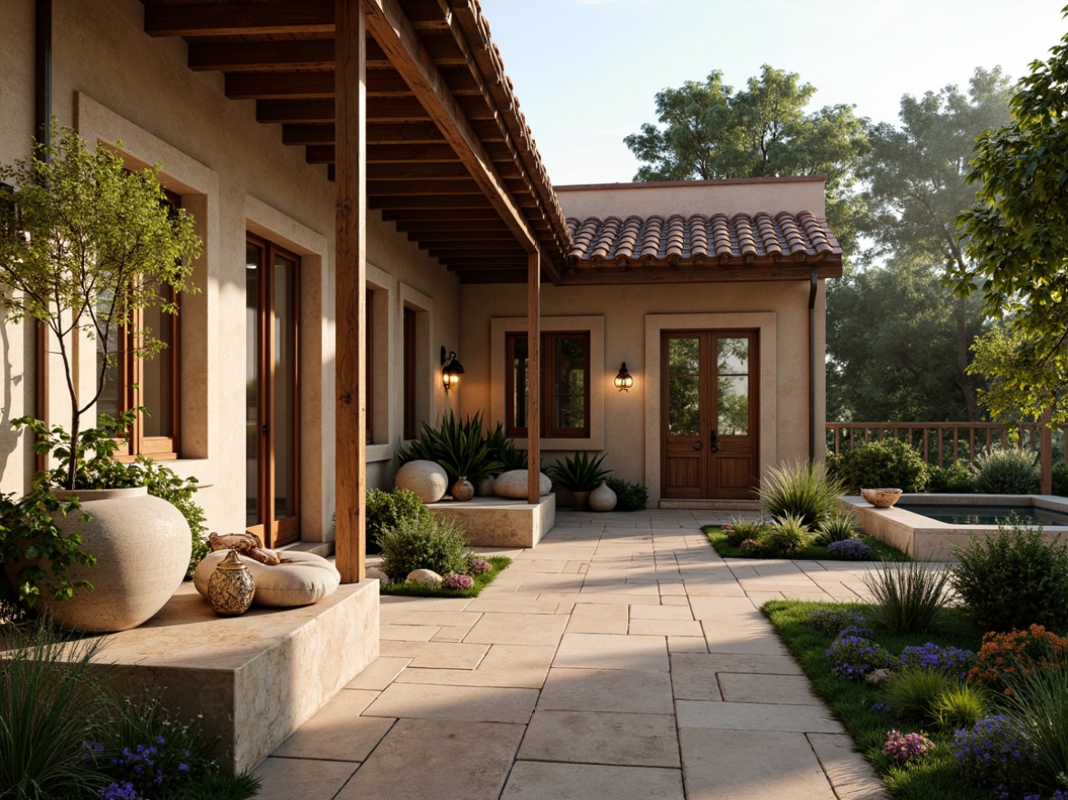 Prompt: Warm Mediterranean villa, rustic stone walls, terracotta roof tiles, lush greenery, blooming flowers, wrought iron lanterns, ornate metalwork, soft warm glow, ambient lighting, pendant lights, distressed wood accents, earthy color palette, natural textures, creamy whites, sunny day, shallow depth of field, 3/4 composition, realistic rendering.