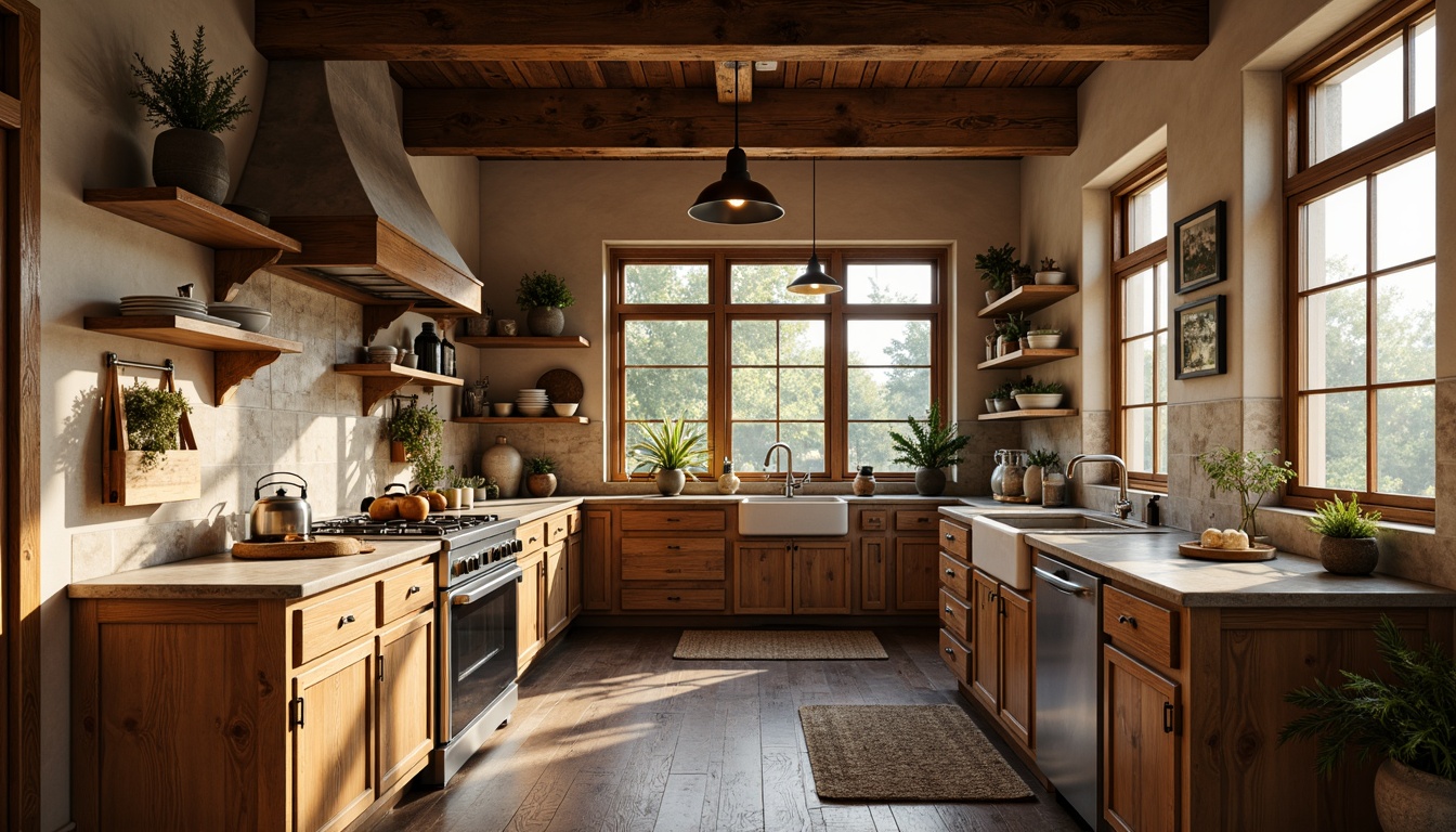 Prompt: Cozy kitchen, rustic wooden cabinets, vintage appliances, earthy color palette, warm ambient lighting, soft pendant lamps, metal lanterns, farmhouse sink, natural stone countertops, woven textiles, distressed finishes, warm beige walls, reclaimed wood flooring, large windows, sunny morning light, shallow depth of field, 1/1 composition, realistic textures, subtle shadows.