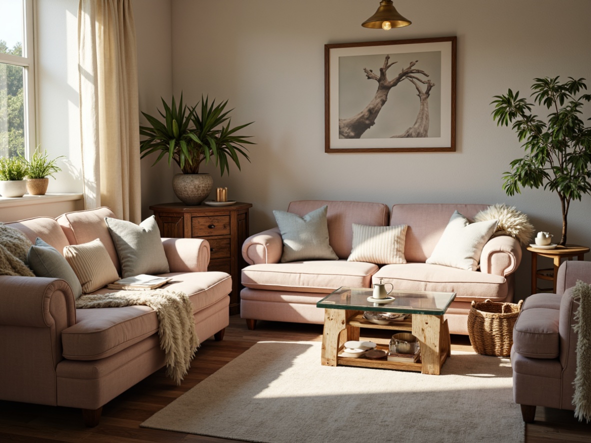 Prompt: Cozy shabby-chic living room, vintage distressed furniture, plush velvet fabrics, soft pastel hues, delicate lace trimmings, rustic wooden accents, natural linen textiles, fluffy sheepskin throws, warm candlelight, gentle afternoon sunbeams, 1/1 composition, shallow depth of field, realistic textures, ambient occlusion.