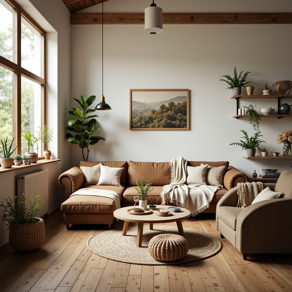 Prompt: Cozy living room, natural wood accents, woven textiles, soft sheepskin throws, chunky knit blankets, rustic wooden floors, creamy white walls, minimalist decor, industrial metal lighting, verdant greenery, potted plants, earthy tone color palette, warm golden lighting, shallow depth of field, 1/1 composition, realistic textures, ambient occlusion.