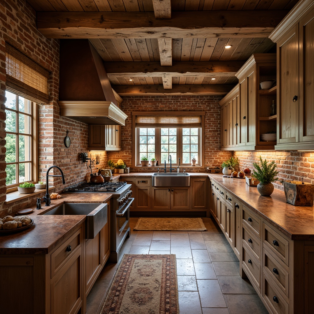 Prompt: Rustic vernacular kitchen, earthy tones, natural materials, wooden beams, exposed brick walls, traditional cabinetry, distressed wood finishes, warm ambient lighting, honed granite countertops, rich brown leathered edges, farmhouse sink, copper accents, woven textiles, vintage decorative items, soft warm color palette, 1/1 composition, shallow depth of field, realistic textures.