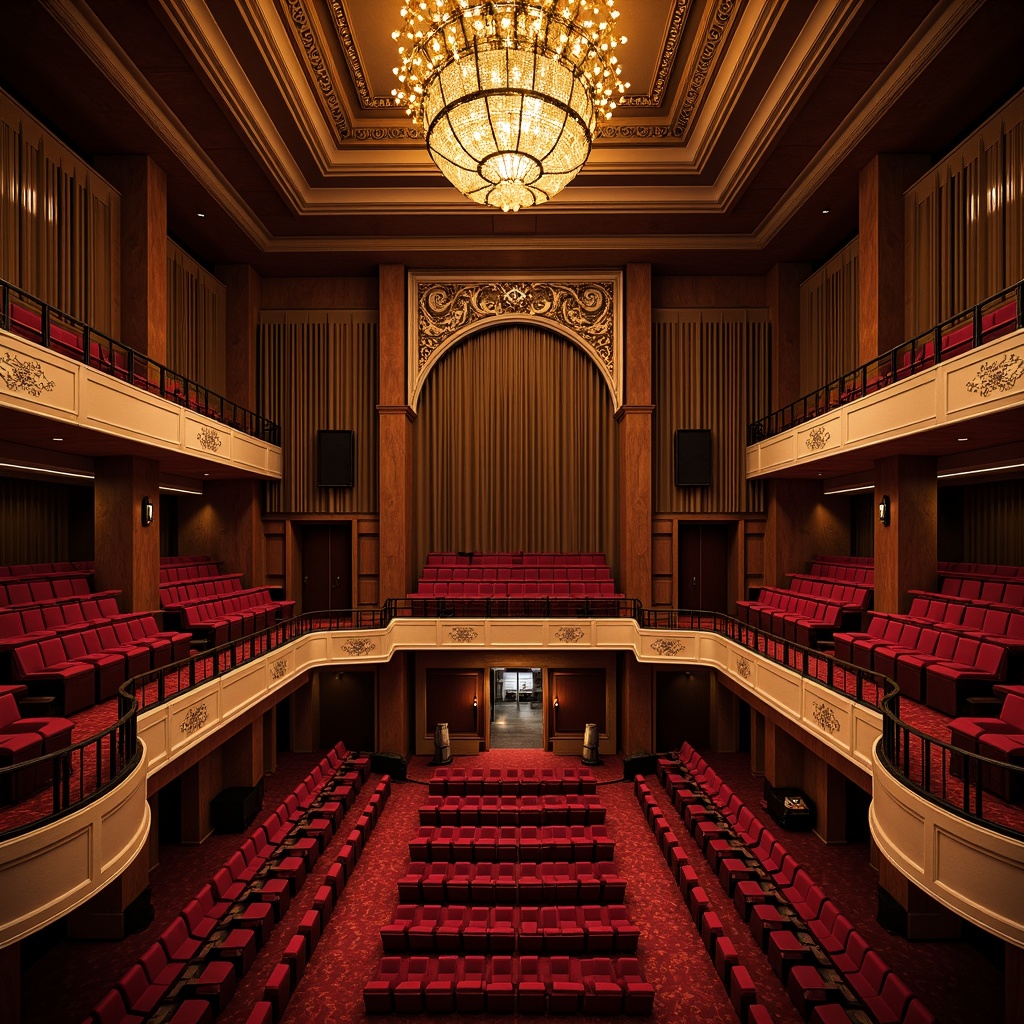 Prompt: Luxurious auditorium interior, velvety dark red carpeting, rich wood paneling, ornate golden lighting fixtures, plush crimson seating, curved balconies, grand chandeliers, intricate ceiling moldings, polished marble floors, sophisticated sound systems, elegant drapery, subtle ambient lighting, warm neutral color palette, 1/2 composition, shallow depth of field, high-contrast ratio, realistic textures, advanced rendering techniques.