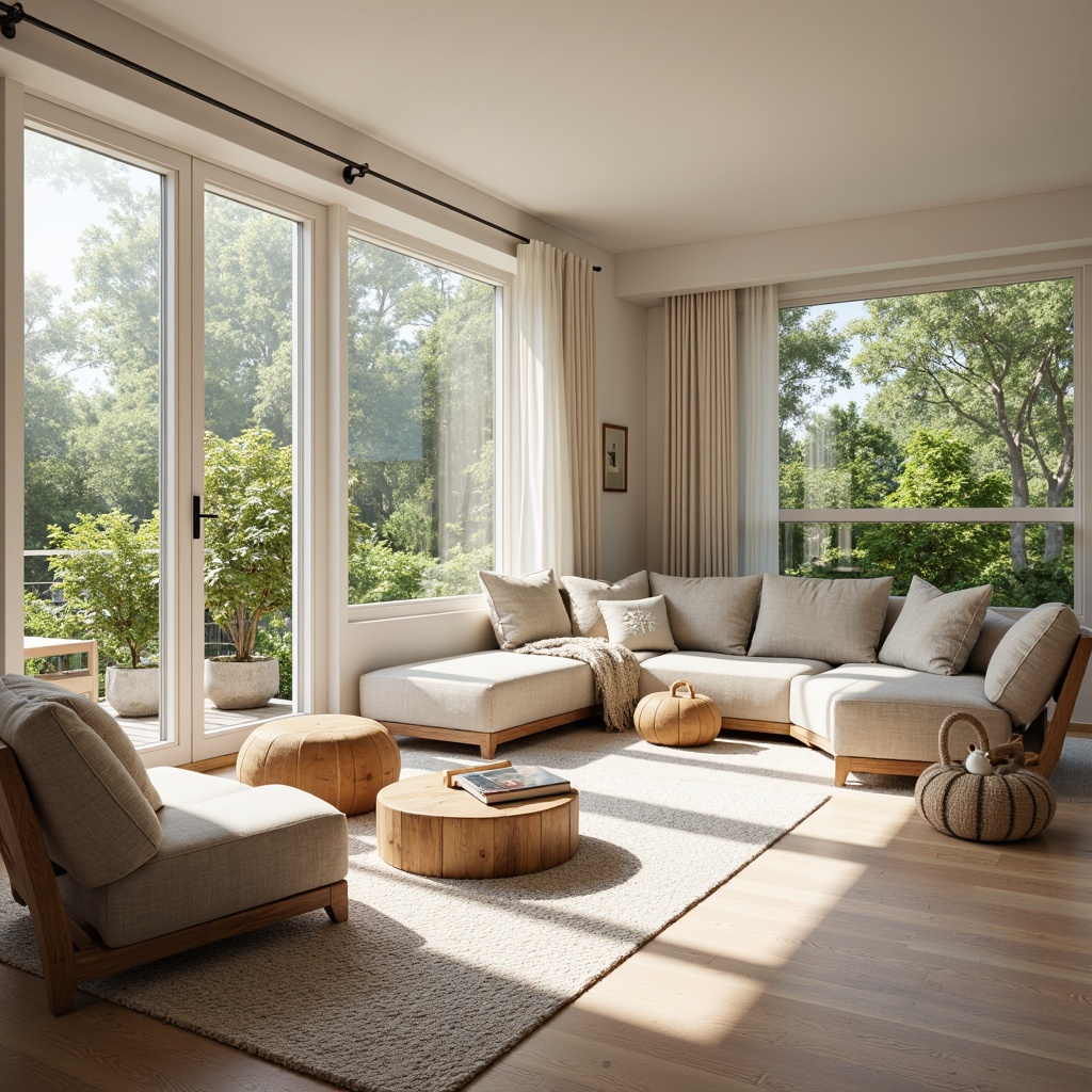 Prompt: Light-filled Scandinavian living room, minimalist decor, natural wood accents, creamy white walls, soft pastel colors, plush area rugs, cozy reading nooks, floor-to-ceiling windows, sliding glass doors, lush greenery views, modern Nordic furniture, sleek low-profile sofas, geometric-patterned throw pillows, ambient warm lighting, 1/2 composition, shallow depth of field, realistic textures, atmospheric fog effect.