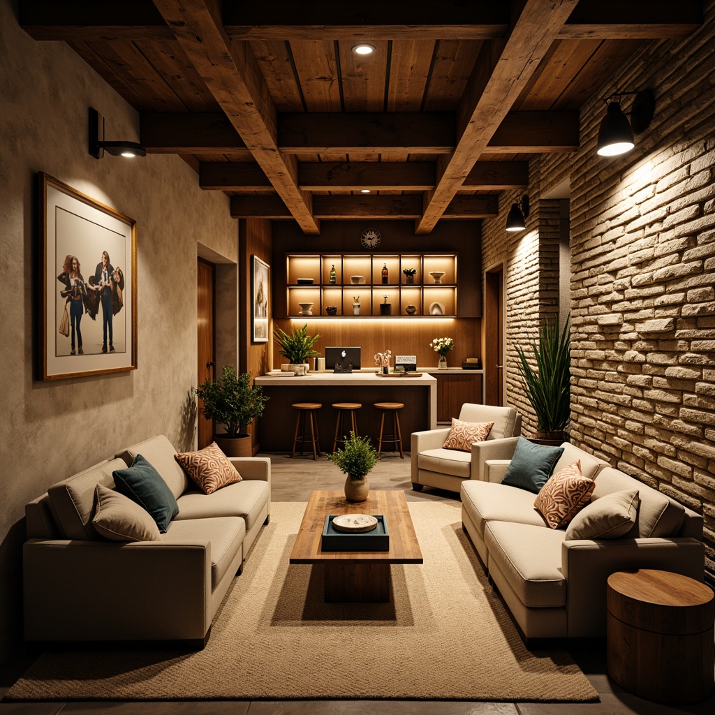 Prompt: Cozy basement, warm earthy tones, rich wood accents, soft creamy whites, deep blues, calming greens, industrial metal beams, rustic stone walls, plush carpeting, comfortable sofas, vintage decorative items, warm golden lighting, shallow depth of field, 1/1 composition, intimate atmosphere, realistic textures.