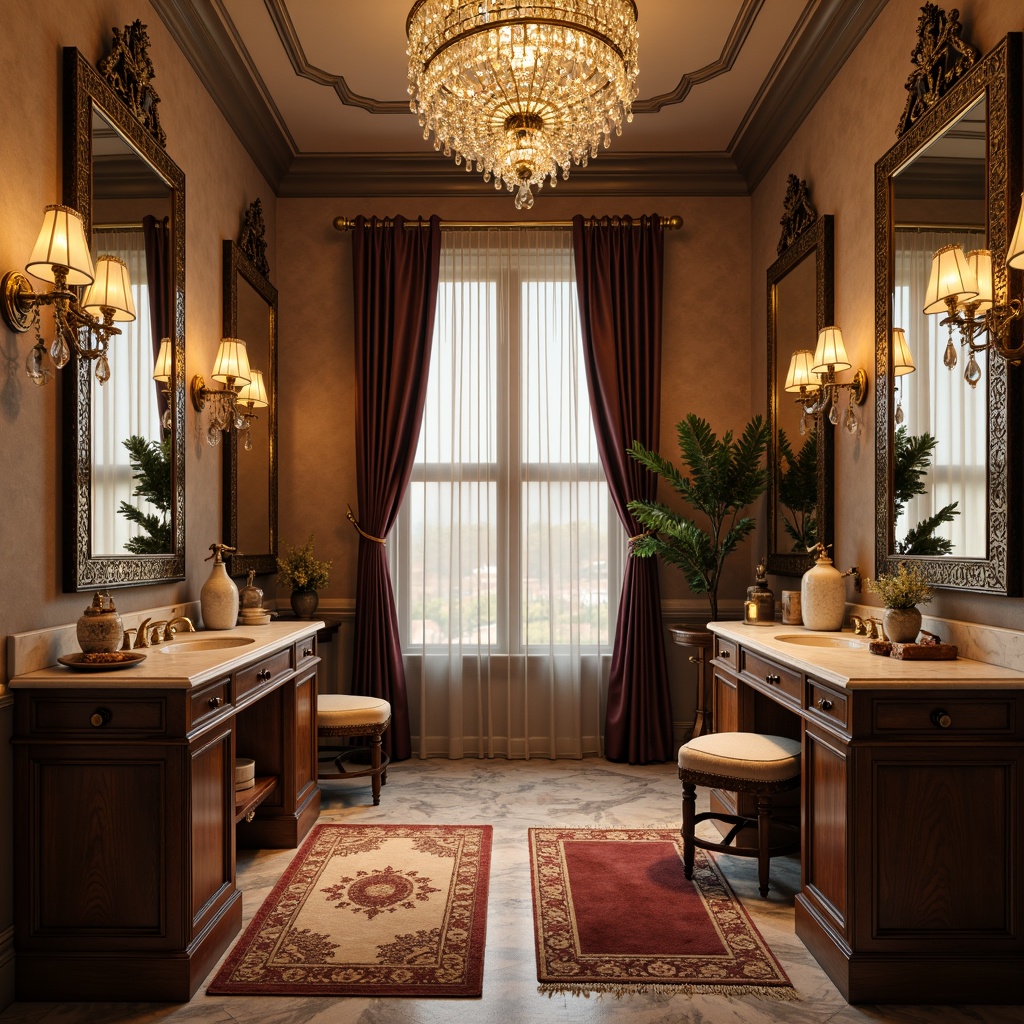 Prompt: Elegant powder room, ornate mirrors, luxurious fabrics, crystal chandeliers, marble countertops, golden fixtures, plush area rugs, velvet drapes, antique vanities, soft warm lighting, shallow depth of field, 1/1 composition, realistic textures, ambient occlusion.