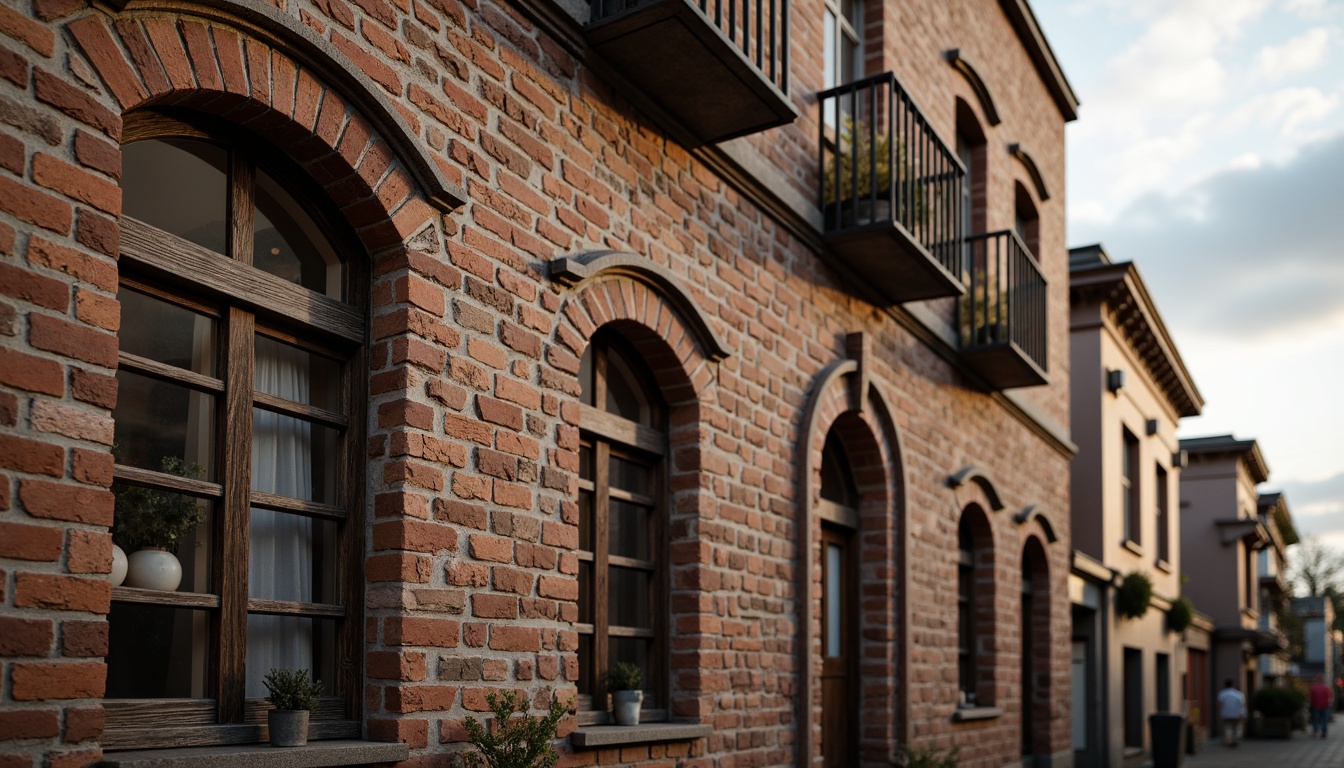 Prompt: Rustic brick wall, textured surface, earthy tone, rough-hewn stones, ornate cornices, arched windows, vintage architectural details, distressed finishes, warm ambient lighting, shallow depth of field, 1/1 composition, realistic textures, ambient occlusion, historic building facade, urban cityscape, cloudy sky, soft natural light.