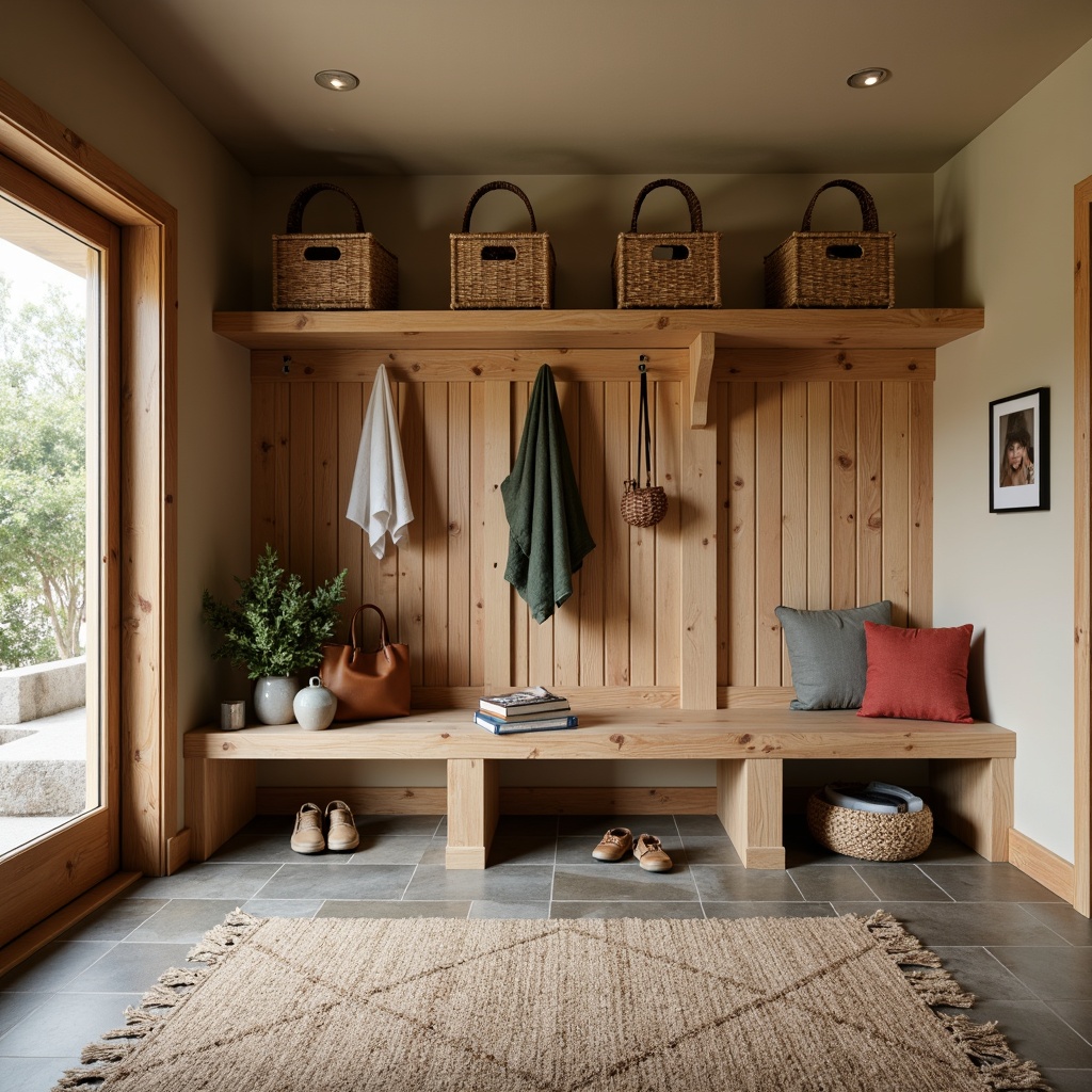 Prompt: Cozy mudroom, natural stone flooring, earthy tones, rustic wood accents, woven baskets, plush area rugs, warm beige walls, built-in bench seating, hooks for outdoor gear, durable ceramic tiles, water-resistant surfaces, easy-to-clean materials, matte finishes, subtle texture contrasts, soft warm lighting, inviting atmosphere.